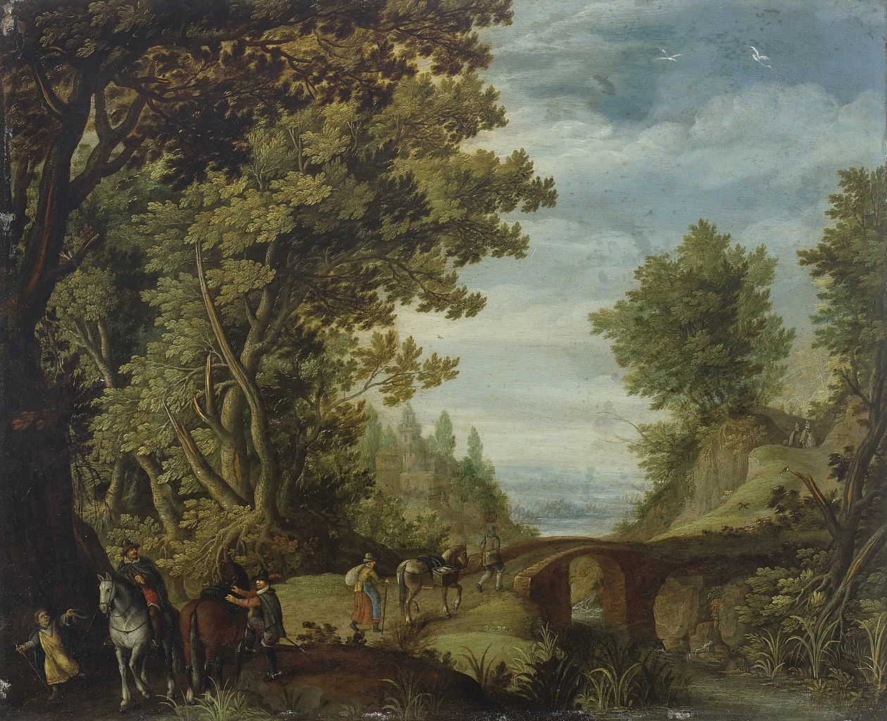 Un paesaggio boscoso con viaggiatori che attraversano un ponte